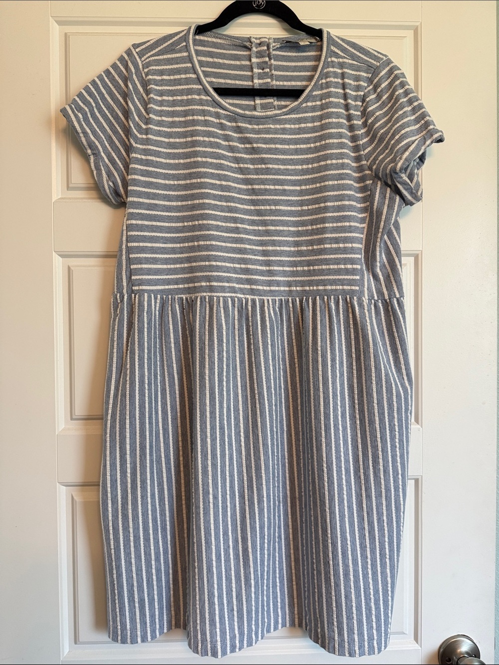 LOFT Blue & White Striped Short Sleeve Dress with POCKETS